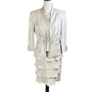 Jessica Howard Tan Gold Tiered Ruffle Sleeveless 2 Piece Jacket Formal Dress Set